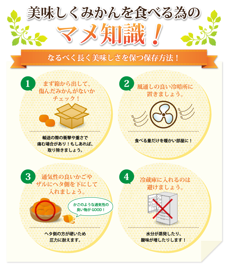 美味しくみかんを食べる為のマメ知識！なるべく長く美味しさを保つ保存方法！1、まず箱から出して、傷んだみかんがないかチェック！輸送の際の衝撃や重さで痛む場合があり！もしあれば、取り除きましょう。2、風通しの良い冷暗所に置きましょう。食べる量だけを暖かい部屋に！3、通気性の良いかごやザルにヘタ側を下にして入れましょう。ヘタ側の方が硬いため圧力に耐えます。4、冷蔵庫に入れるのは避けましょう。水分が蒸発したり、酸味が増したりします！