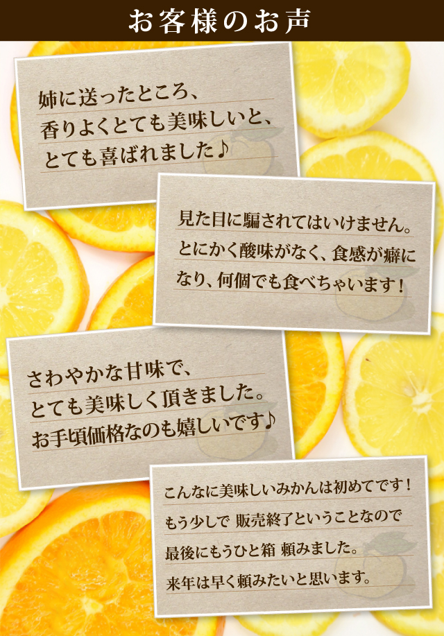 お客様の声。とても美味しい！お手頃価格！食感がクセになる！来年は早く頼みたい