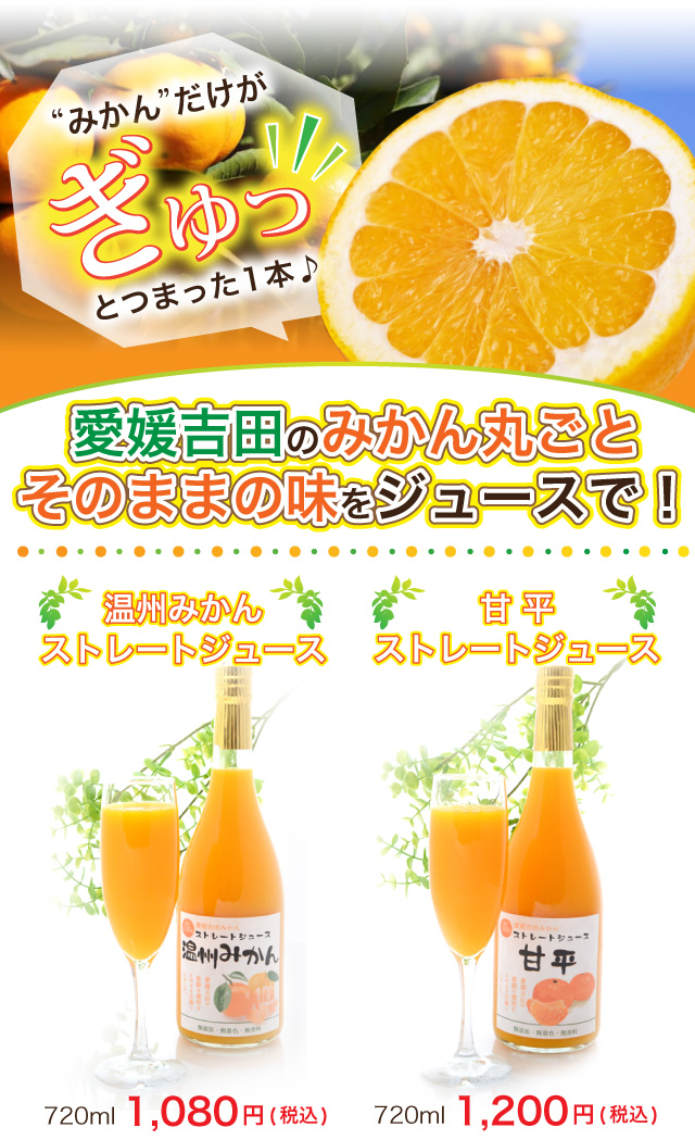 愛媛吉田のみかんまるごとそのままの味をジュースで！温州みかんストレートジュース・新甘夏ストレートジュース