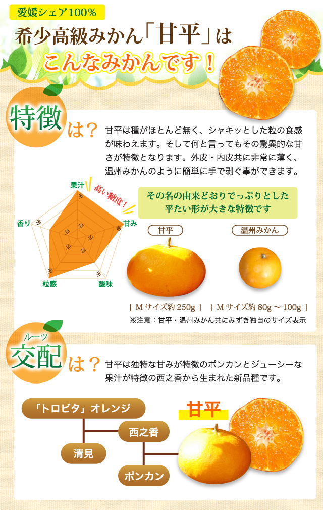 甘平は種がほとんど無く、シャキッとした粒の食感が味わえます。そして何と言ってもその驚異的な甘さが特徴となります。外皮・内皮共に非常に薄く、温州みかんのように簡単に手で剥ぐ事ができます。甘平は独特な甘みが特徴のポンカンとジューシーな果汁が特徴の西之香から生まれた新品種です。