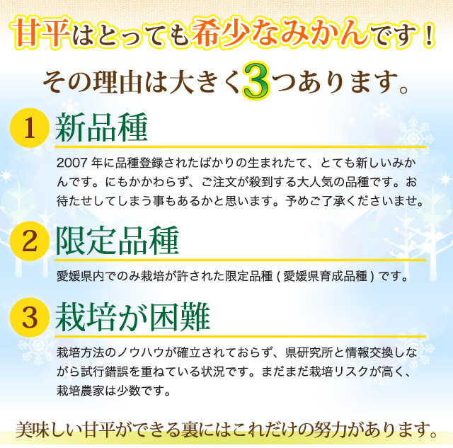 2007年に品種登録されたばかりの生まれたて、とても新しいみかんです。にもかかわらず、ご注文が殺到する大人気の品種です。お待たせしてしまう事もあるかと思います。予めご了承くださいませ。愛媛県内でのみ栽培が許された限定品種(愛媛県育成品種)です。栽培方法のノウハウが確立されておらず、県研究所と情報交換しながら試行錯誤を重ねている状況です。まだまだ栽培リスクが高く、栽培農家は少数です。